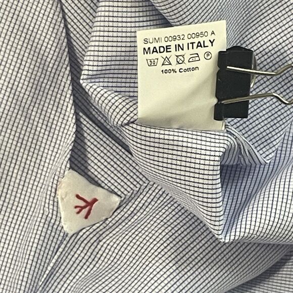 ISAIA Napoli Modern LS Button Up Shirt Italy Made Mini Check Blue Size 46/XL Men - Picture 6 of 9